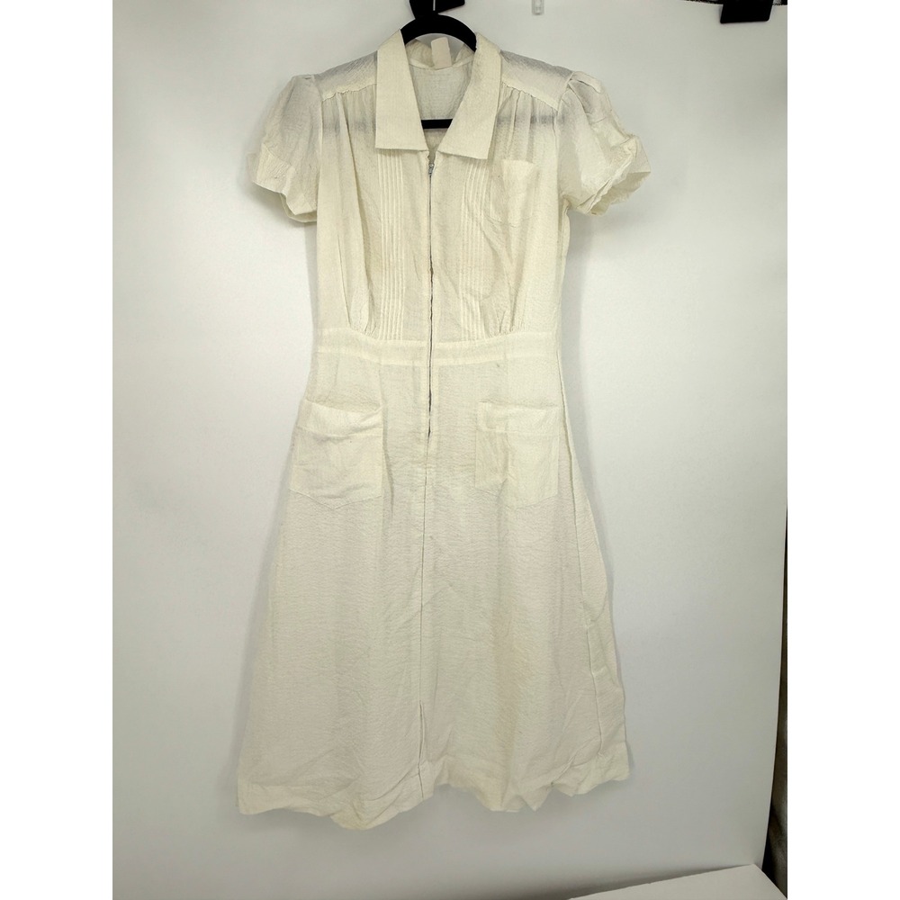 vtg 1940s 50s Linda Lane White‎ Seersucker Uniform Dress Zip Front Pockets Sz 16